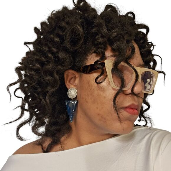 Large Vintage Metal & Transparent Blue Acrylic Dangle Clip-On Earrings | 3.12" | - Picture 7 of 7